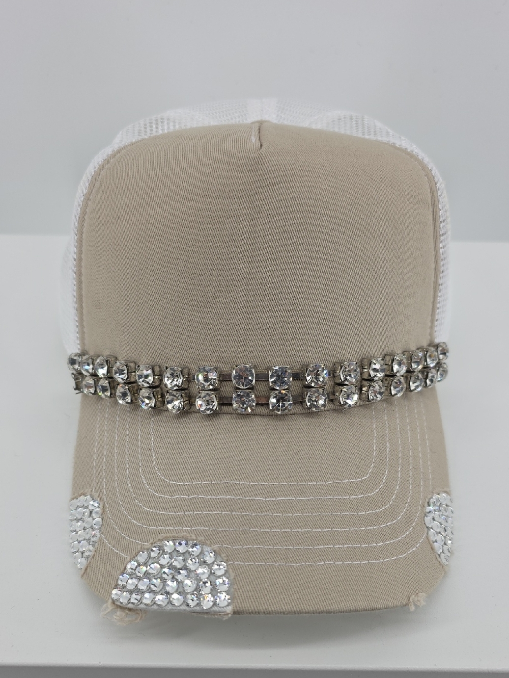 Beige Rhinestone Embellished Trucker Hat - Women